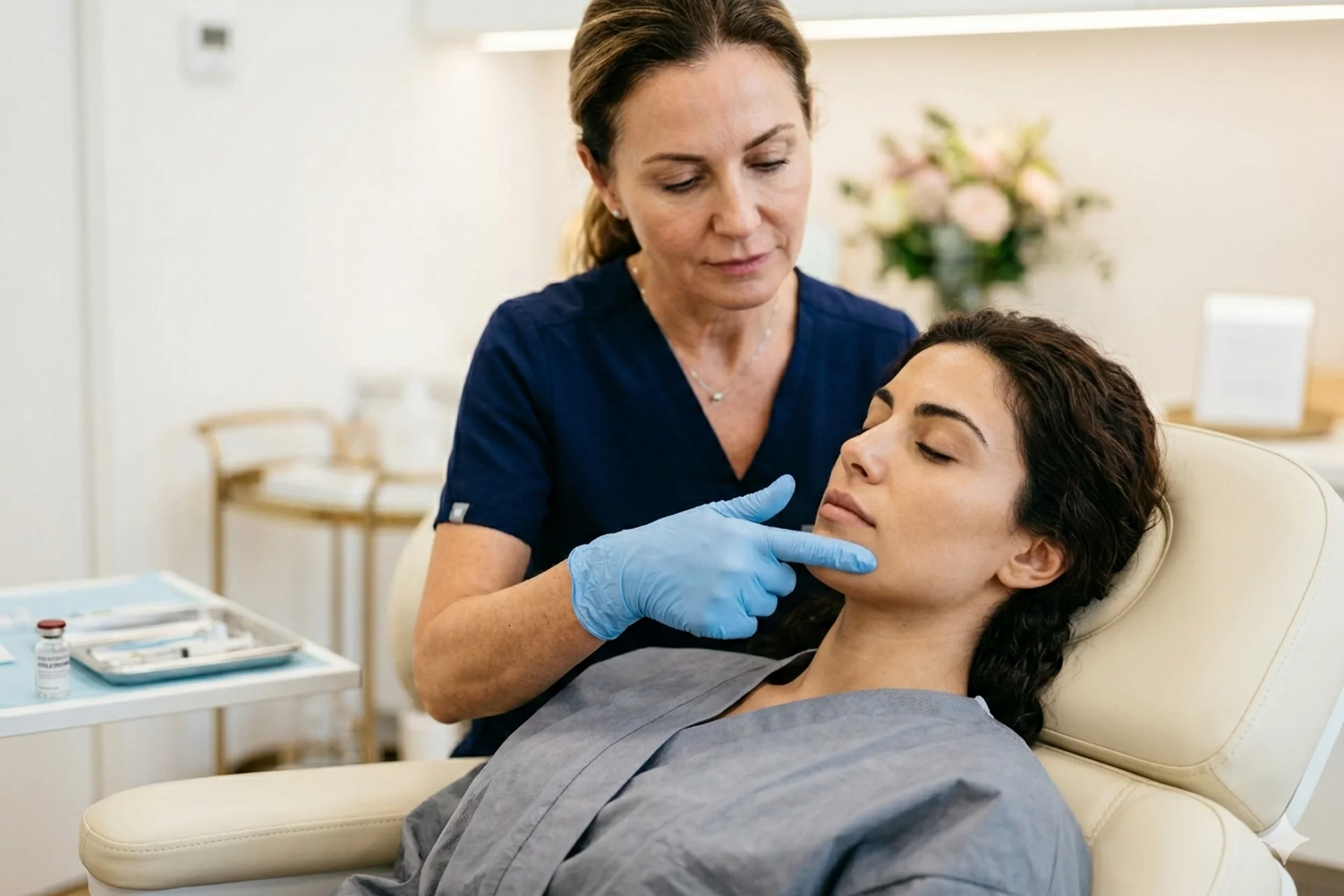 consulenza-ialuronidasi-medicina-estetica La dr.ssa mostra alla paziente l'area del trattamento con ialuronidasi periorale in uno studio dentistico moderno